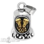 Golden V2 Engine Block on Stainless Steel Biker-Bell with Flames Engine Ride Bell